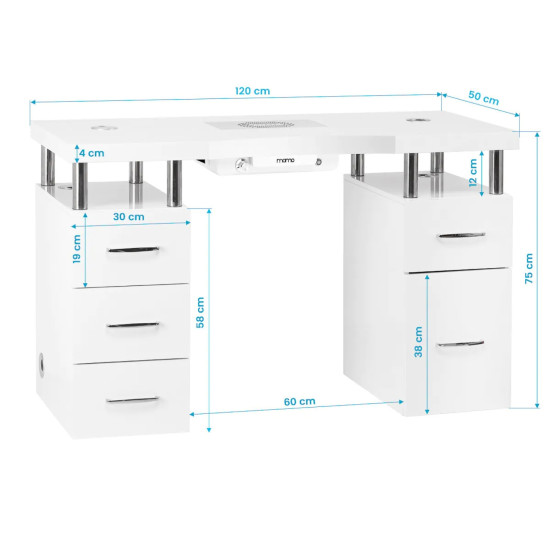 Manicuretafel SLEEK DESIGN met ingebouwde stofafzuiger 120cm (Wit)