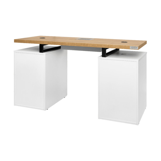 Table de Manucure Moderne Duo BOIS/BLANC 140cm (Avec 4+3 tiroirs et extracteur de poussière intégré)
