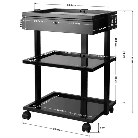 Elegant & Duurzaam Salon Trolley 2 planken & 1 lade BLACK